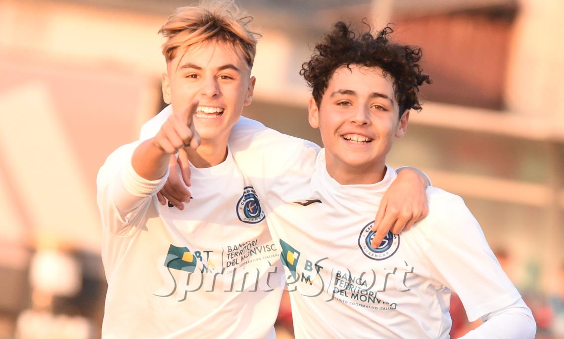 Under 14 Provinciali Torino Garino-Carmagnola 0-8: l'esultanza di Daniel Marino e Alessandro Di Benedetto 